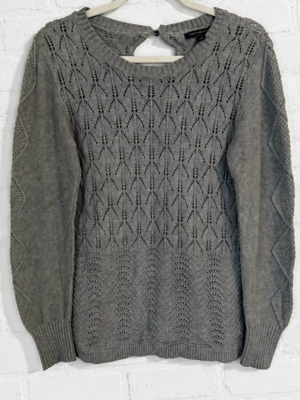 Banana Republic Gray Open Knit Cotton Sweater Back Button key hole